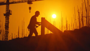A worker pulling cement trolley at evening